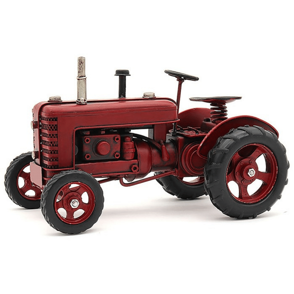 Red Tractor Tin Metal Model Vintage Style measuring 10 inches long by 6 inches wide and 6.5 inches tall