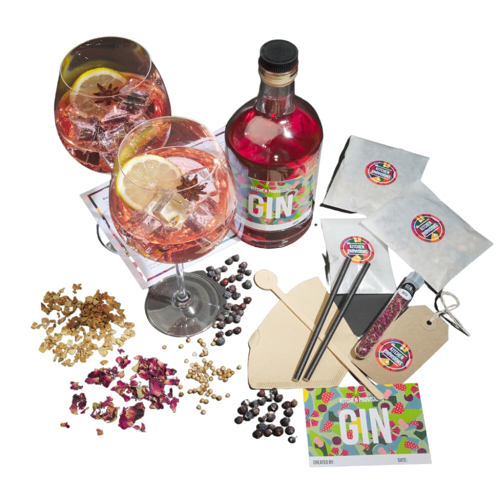 Letterbox Gin Making Kit - Mothers Ruin showing contents next to made up gin