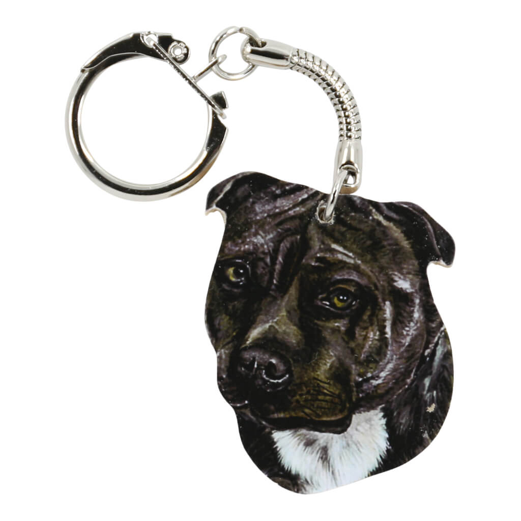 Black Staffordshire Bull Terrier Staffy Dog Handmade Wooden Keyring