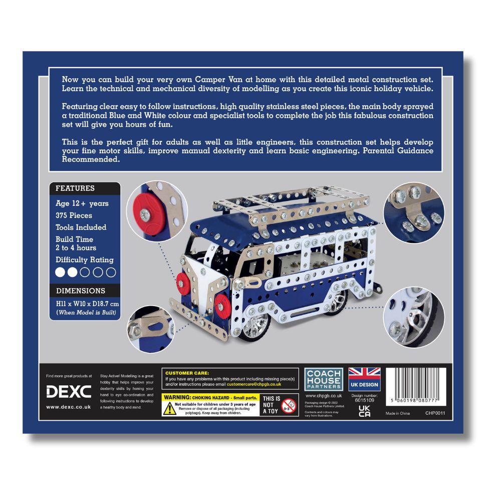 Back of the box of the Blue Camper Van Metal Mechanical Model Construction Kit Set