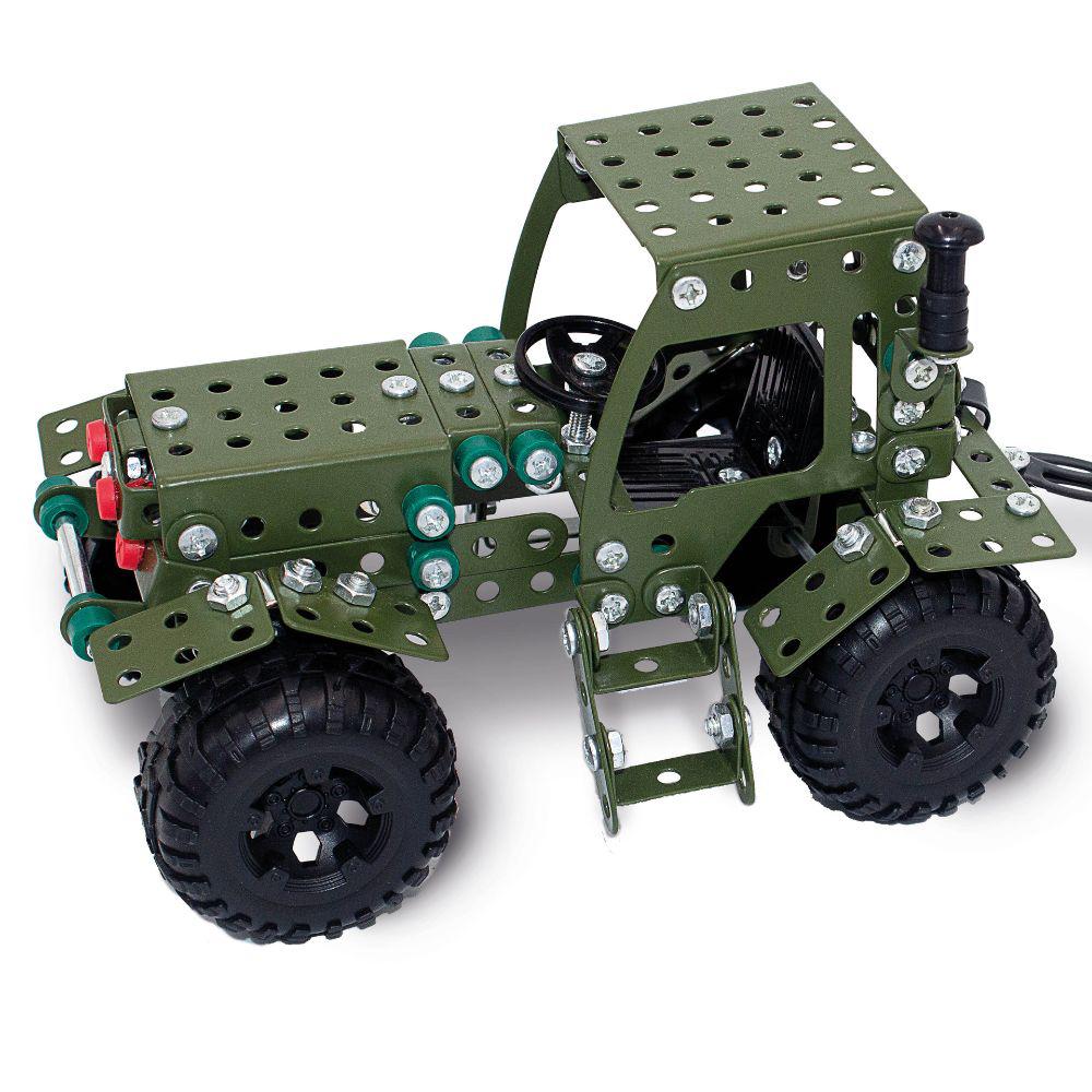 Built up model close up of Green Farm Tractor Metal Mechanical Model Construction Kit Set