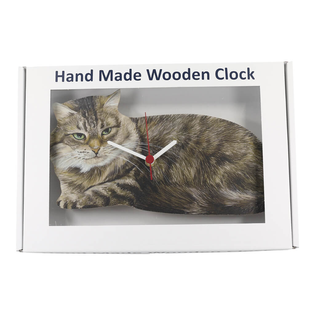 Maine Coon Cat Handmade Wooden Clock in Gift Presentation Box