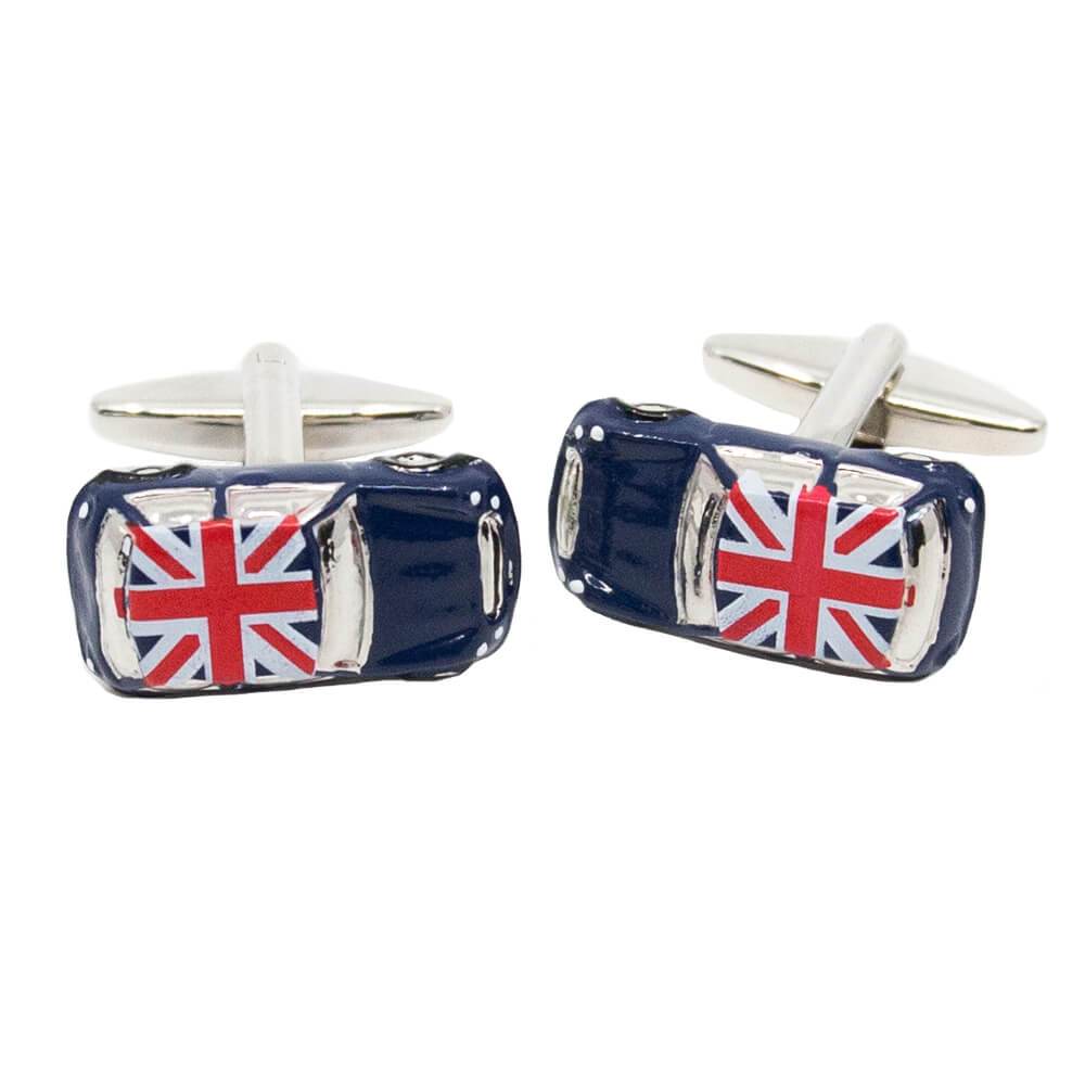 3D Mini Car Cufflinks in Blue With Classic Union Jack Roof for Gifts & Presents