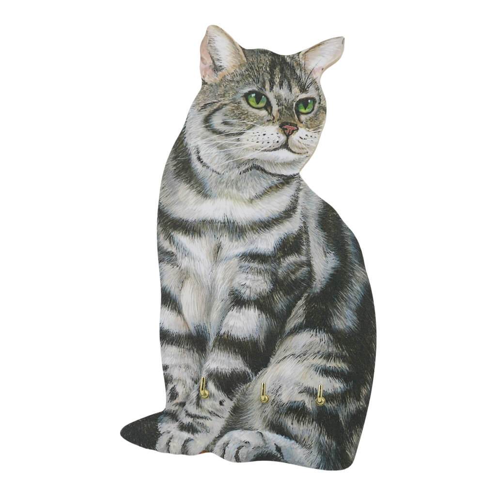 Silver Tabby Cat Handmade Wooden Key Rack