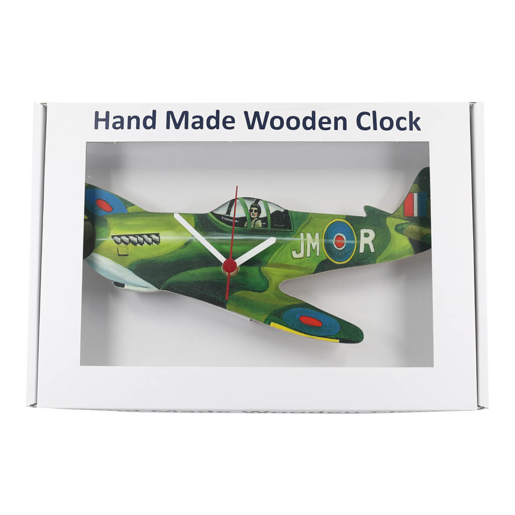 Spitfire Clock - Fighter Plane Handmade Wooden Wall Quartz Clock in Gift Presentation Box