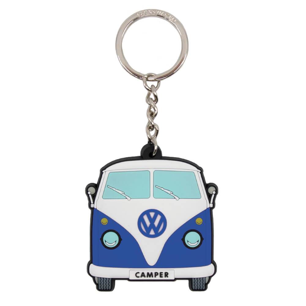Blue Volkswagen Camper Van Splitscreen Rubber Keyring Front View