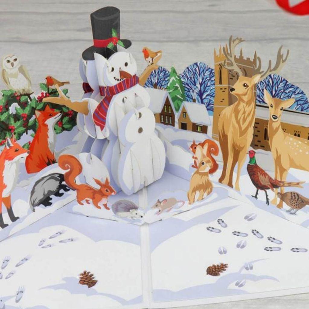 Snowman In Winter Woodland Pop Up Christmas Card close up