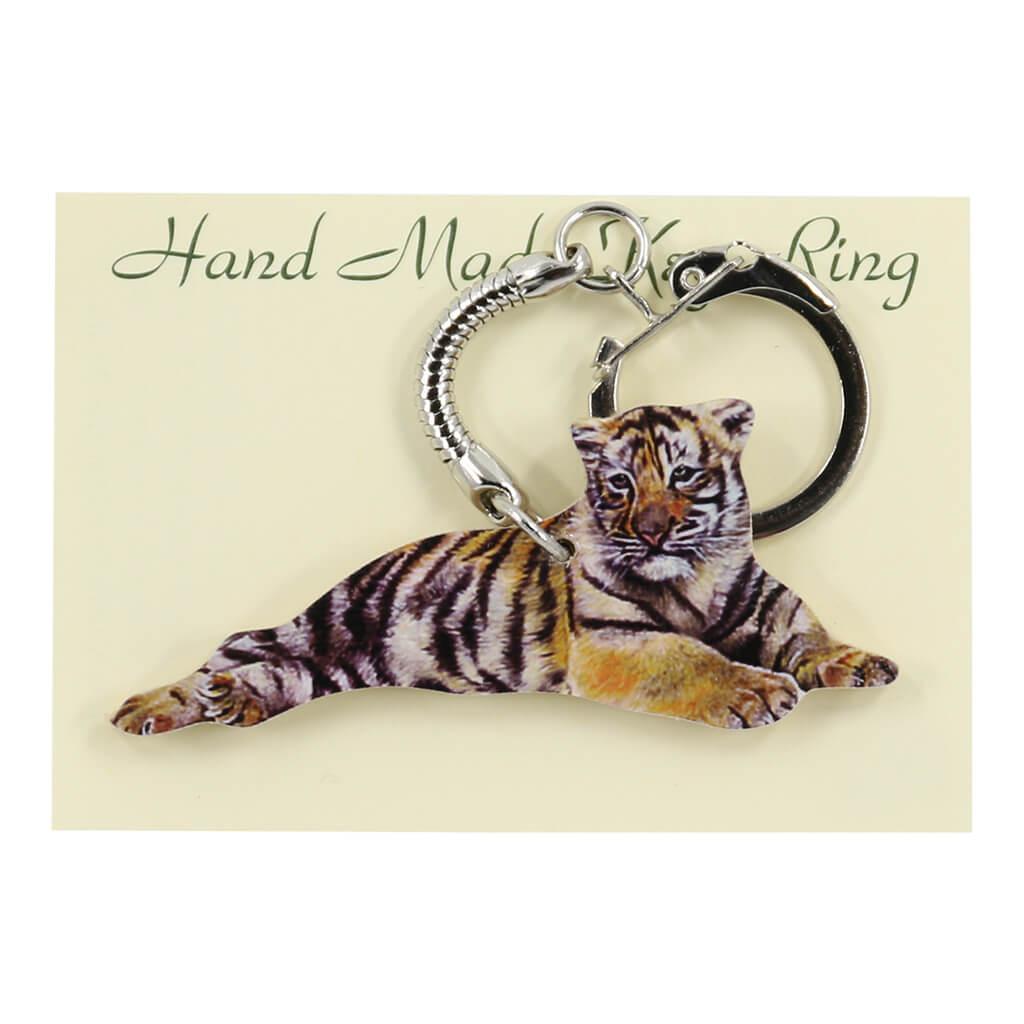 Tiger Cub Lying Down Handmade Wooden Keyring in Gift packaging