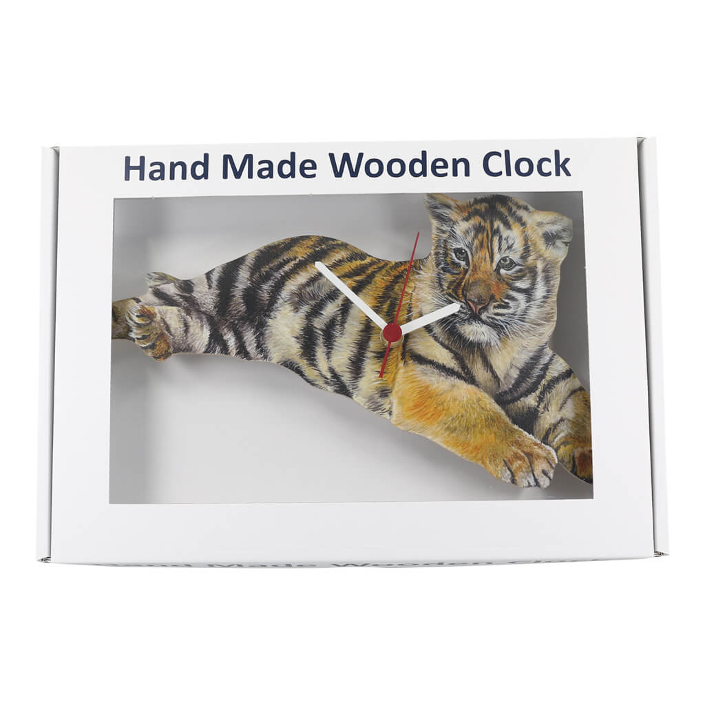 Tiger Cub Clock Handmade Wooden Wall Quartz Clock in Presentation Gift Box