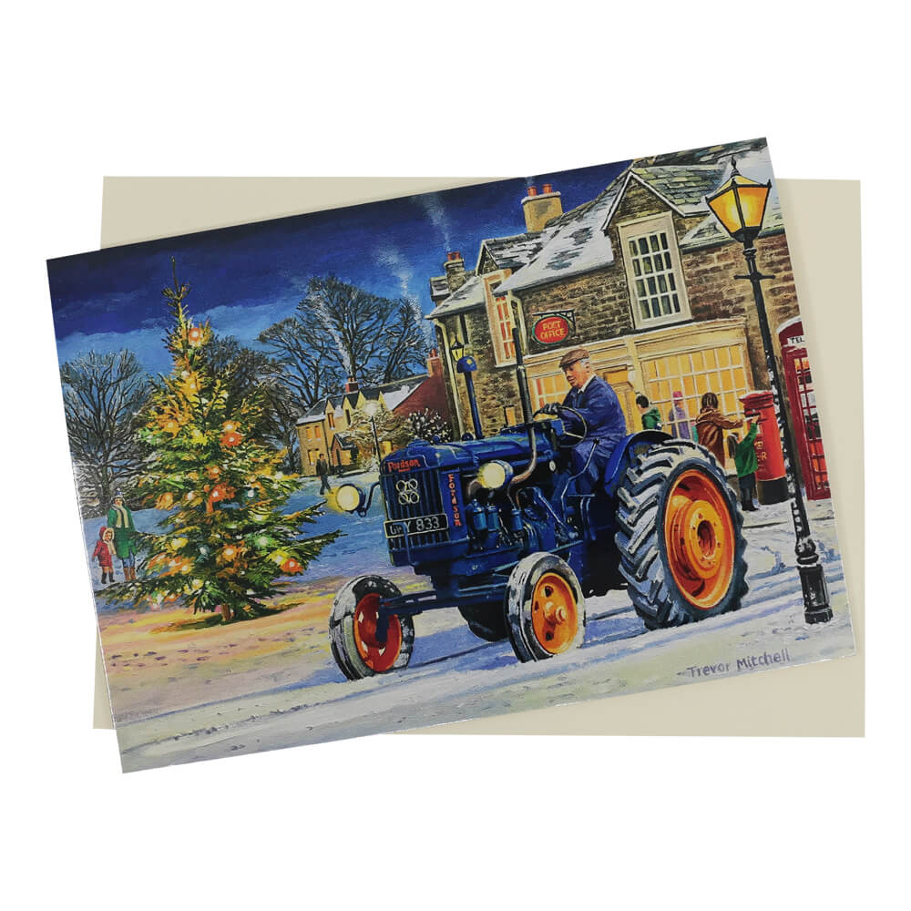 Farm Christmas Cards Collection for Farmers and Farming Lovers - Blue Fordson next to a festive tree