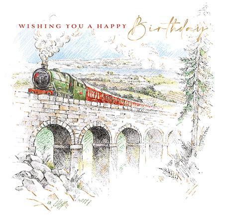 Steam Train Crossing River Birthday Card
