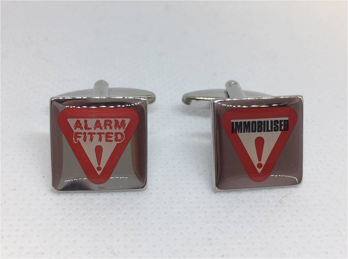 Car alarm fitted and immobilised warning sign cufflinks