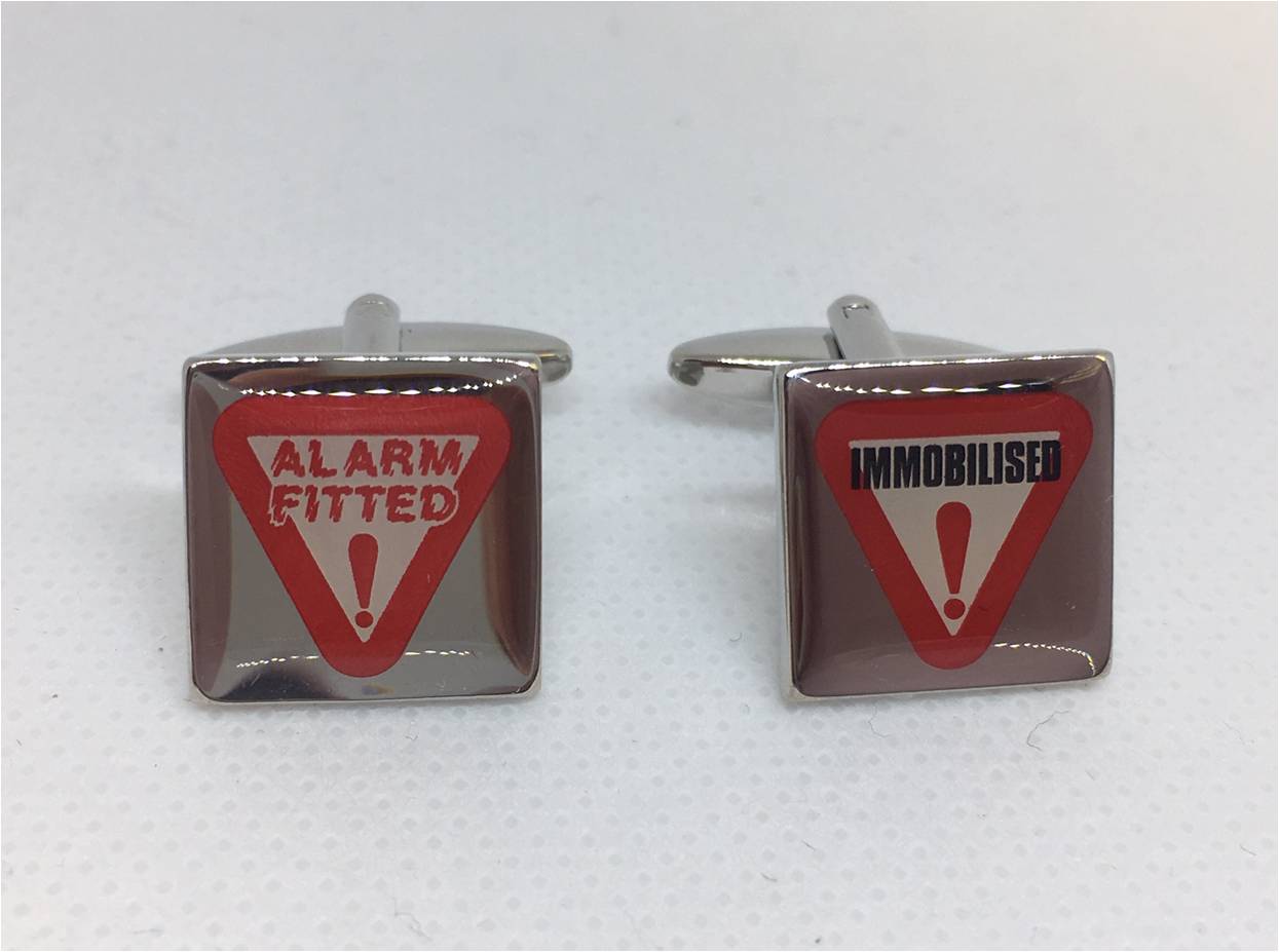 Car alarm fitted and immobilised warning sign cufflinks