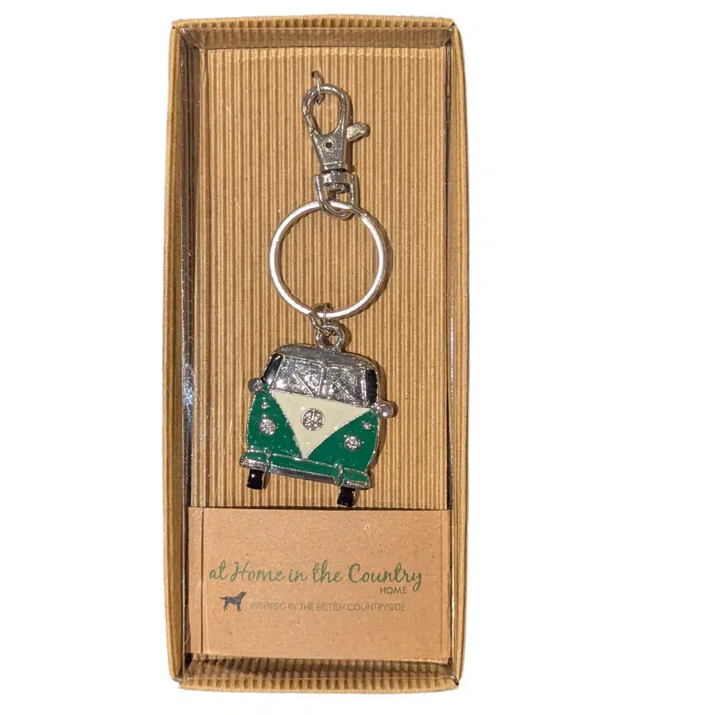 Green Campervan Hand Enamelled Metal Keyring in gift packaging