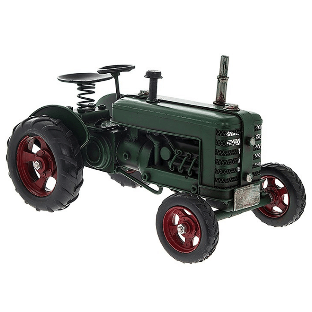 Green Tractor Tin Metal Model Vintage Style measuring 10 inches long by 6 inches wide and 6.5 inches tall