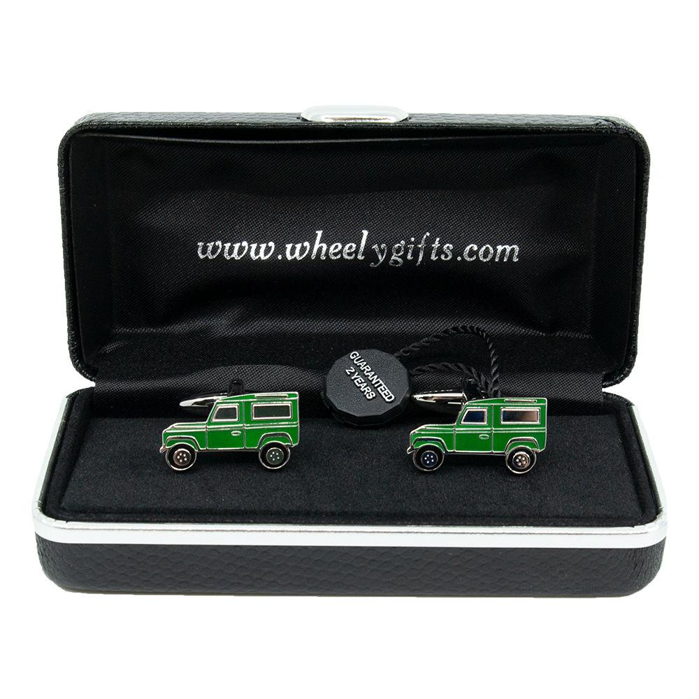 Classic Land Rover Style Defender Cufflinks Green Rhodium Plated