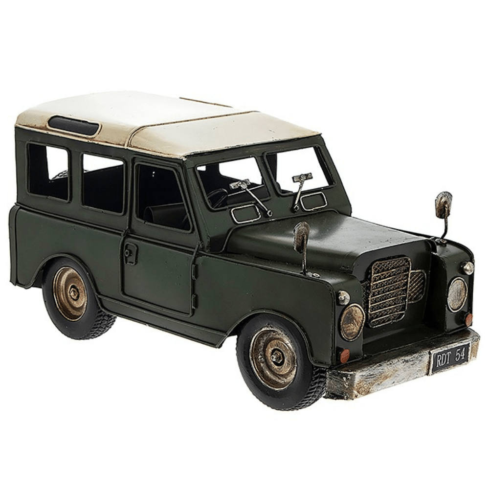 Land Rover Series 3 109 Style Vintage Transport Tin Metal Model approx 13 inches long by 5 inches wide and 5.75 inches tall with green bodya nad cream roof