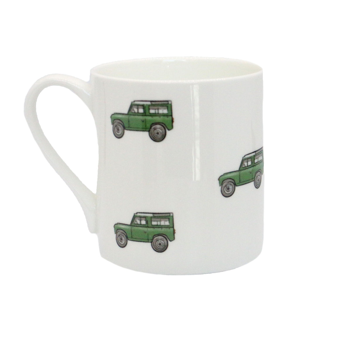 Green Land Rover style fine bone china mug with illustrated 4x4 design