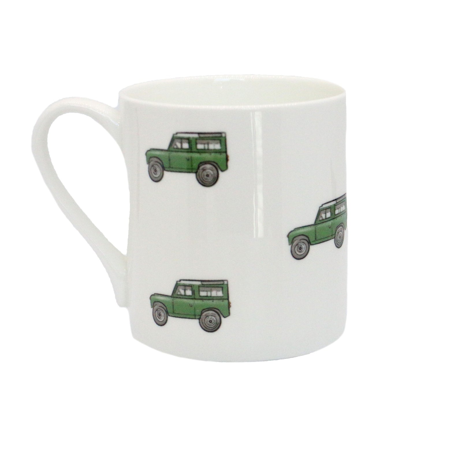 Green Land Rover style fine bone china mug with illustrated 4x4 design