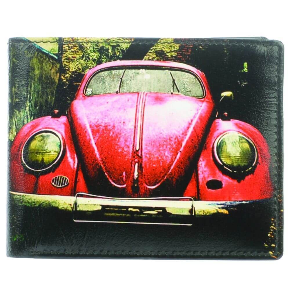 Red VW Beetle Mens Leather Wallet RFID Secure