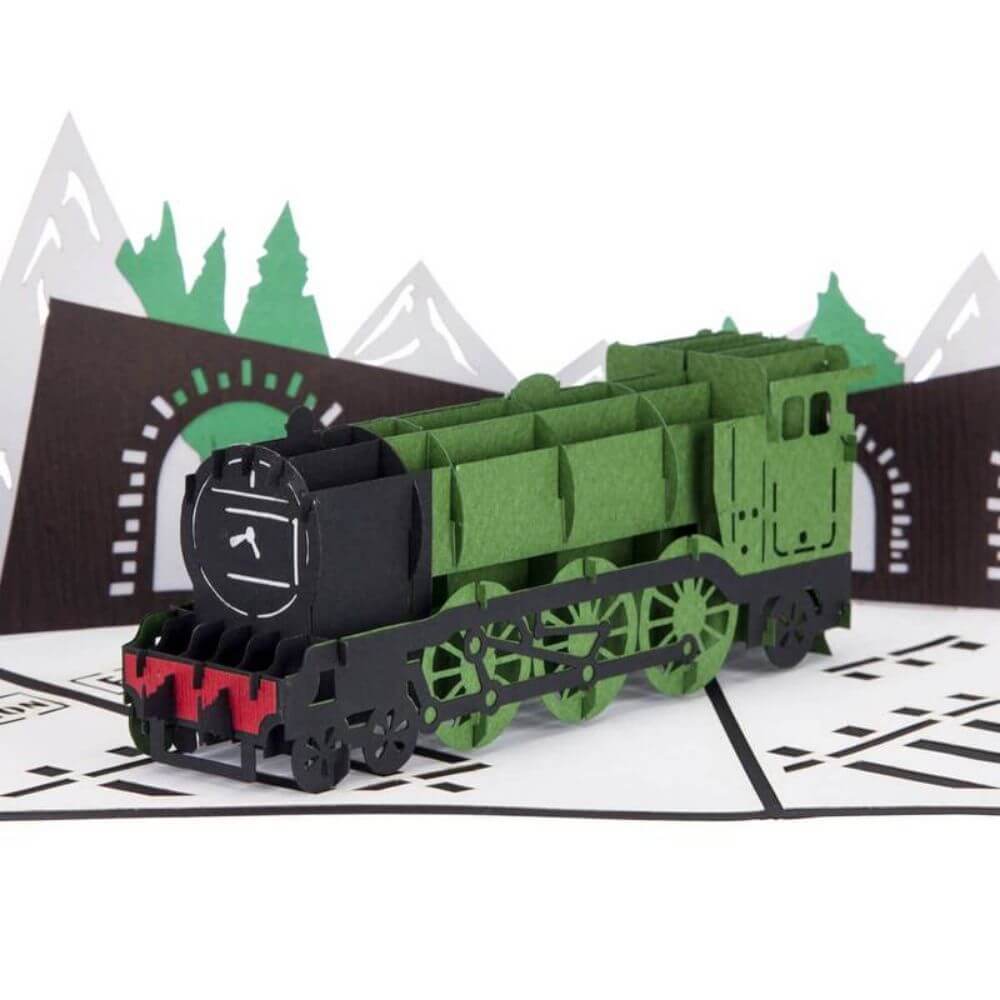 Steam Train 3D Pop Up Birthday Christmas Greetings Card Close Up Green Black and Red Flying Scotsman Inspired Vintage Train with pop-up Bridge &amp; Mountain Background