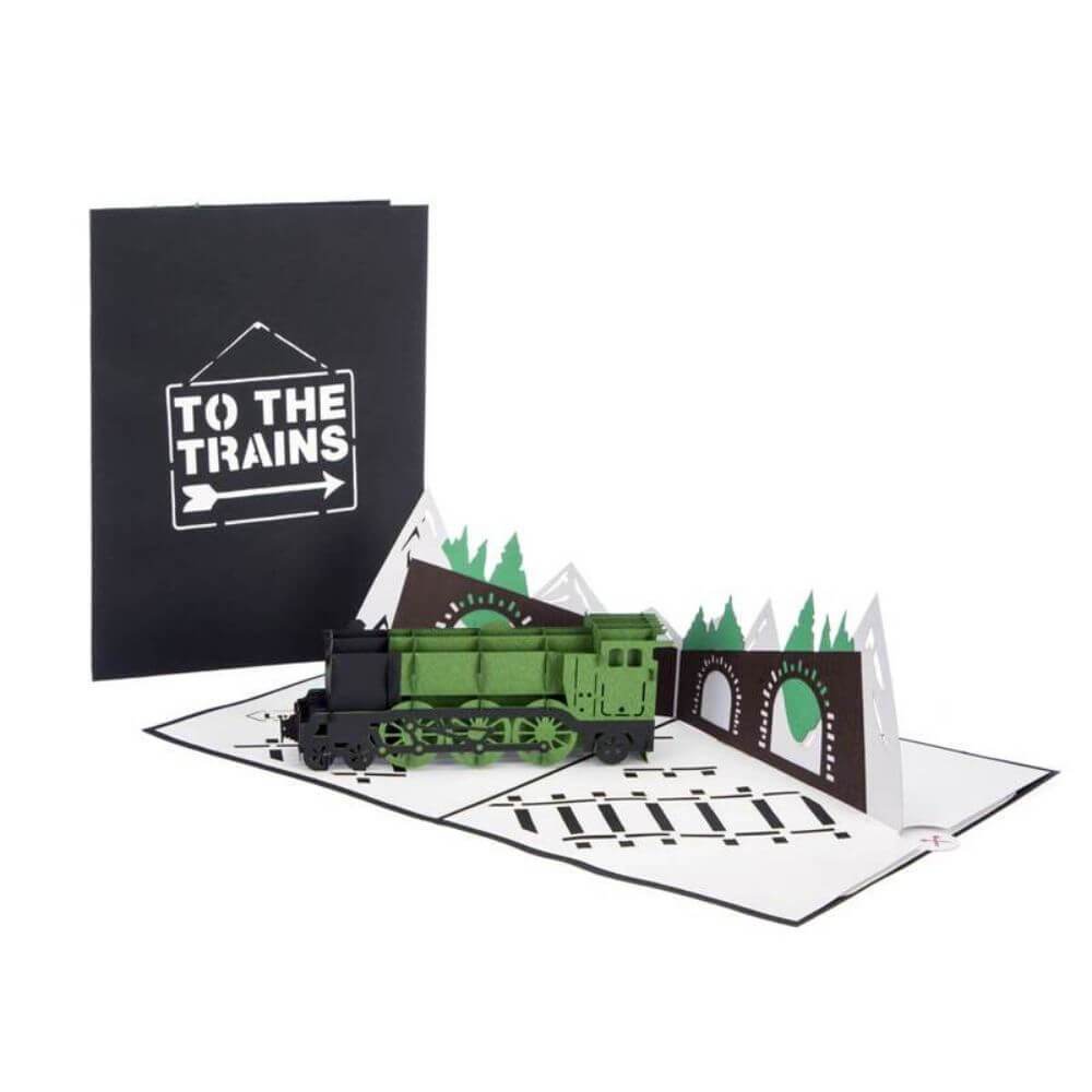 Steam Train 3D Pop Up Birthday Christmas Greetings Card Cover Plus Image Of Card Open Showing Flying Scotsman Style Vintage Steam Train with pop-up Bridge, Trees &amp; Mountain Background and words To The Trains on the cover
