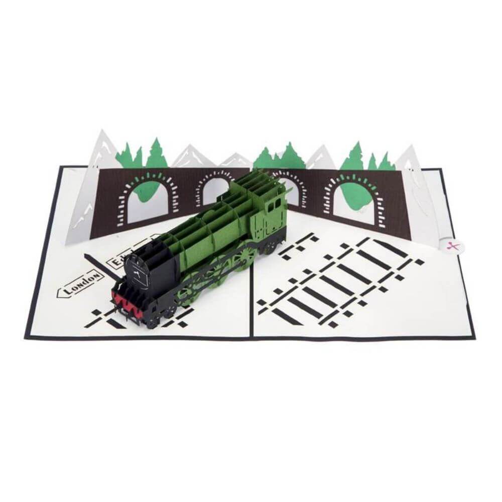 Steam Train 3D Pop Up Birthday Christmas Greetings Card Open