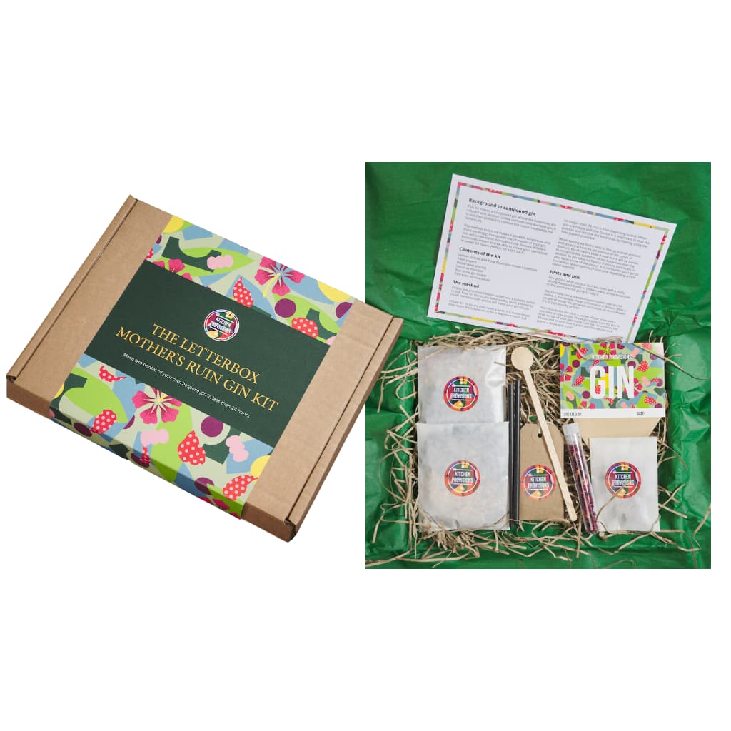 Letterbox Gin Making Kit - Mothers Ruin showing closed gift box and open contents