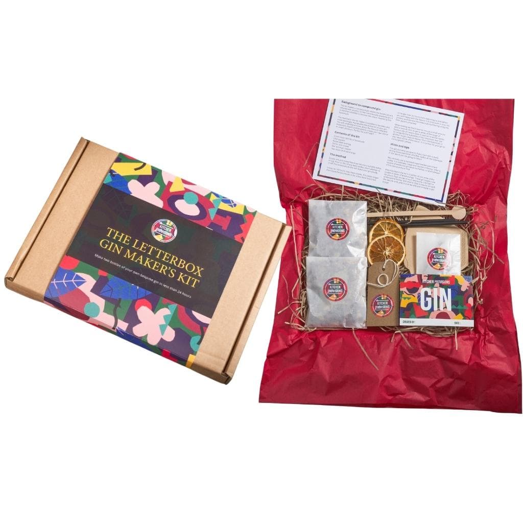 Letterbox Gin Makers Kit showing closed box and also open box with gin making contents