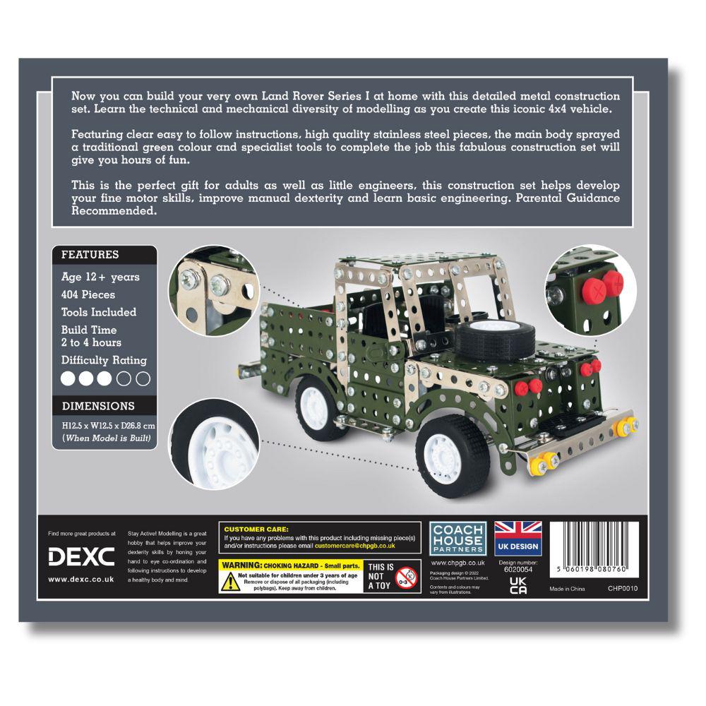 back of box for Land Rover Series 1 Metal Mechanical Model Construction Kit Set