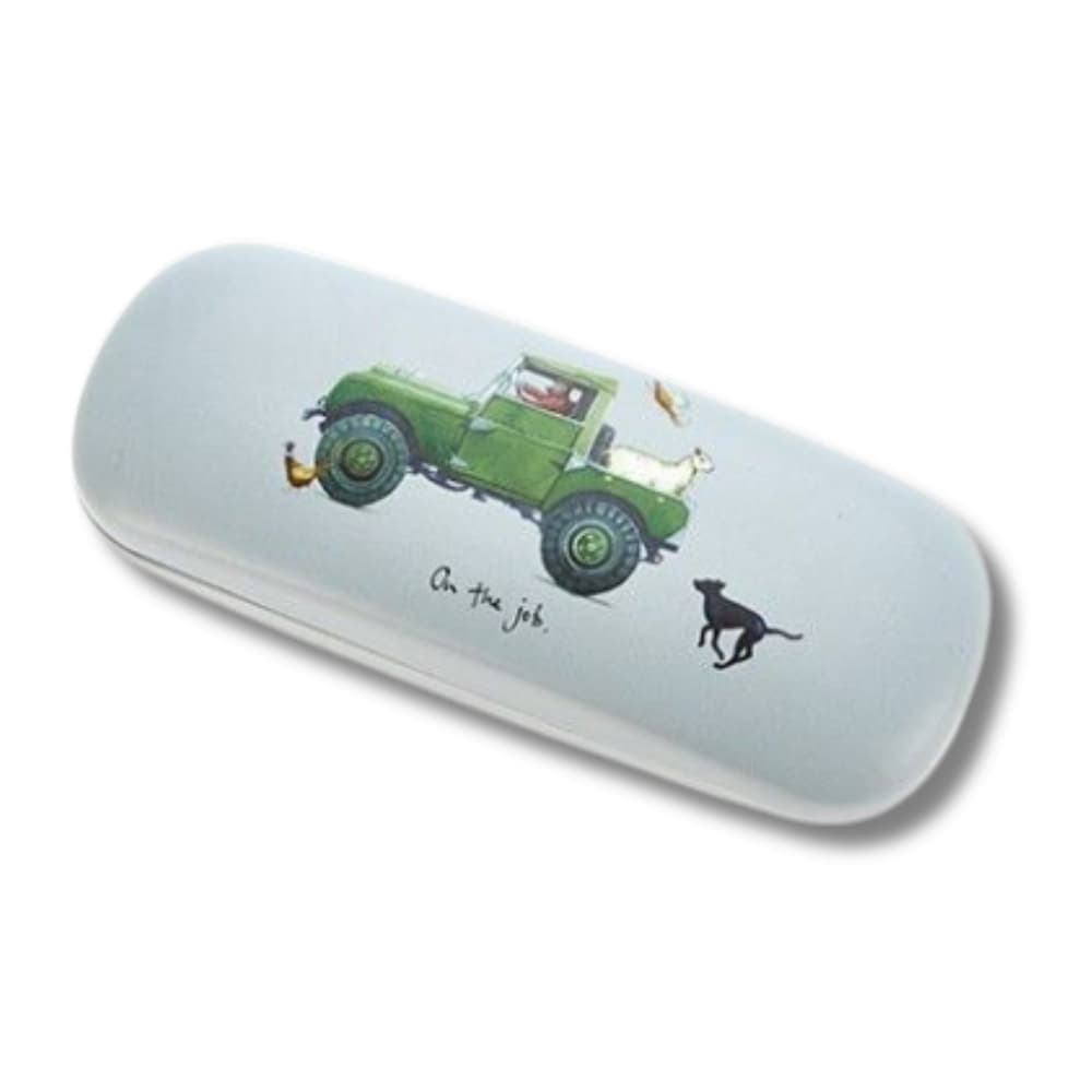 Land Rover Style Glasses Case white with green land rover style 4x4 followed by dog