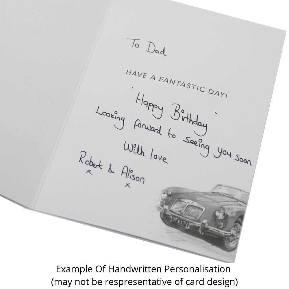 Example handwritten personalised message for Ford Cars Classic to Modern Birthday Card