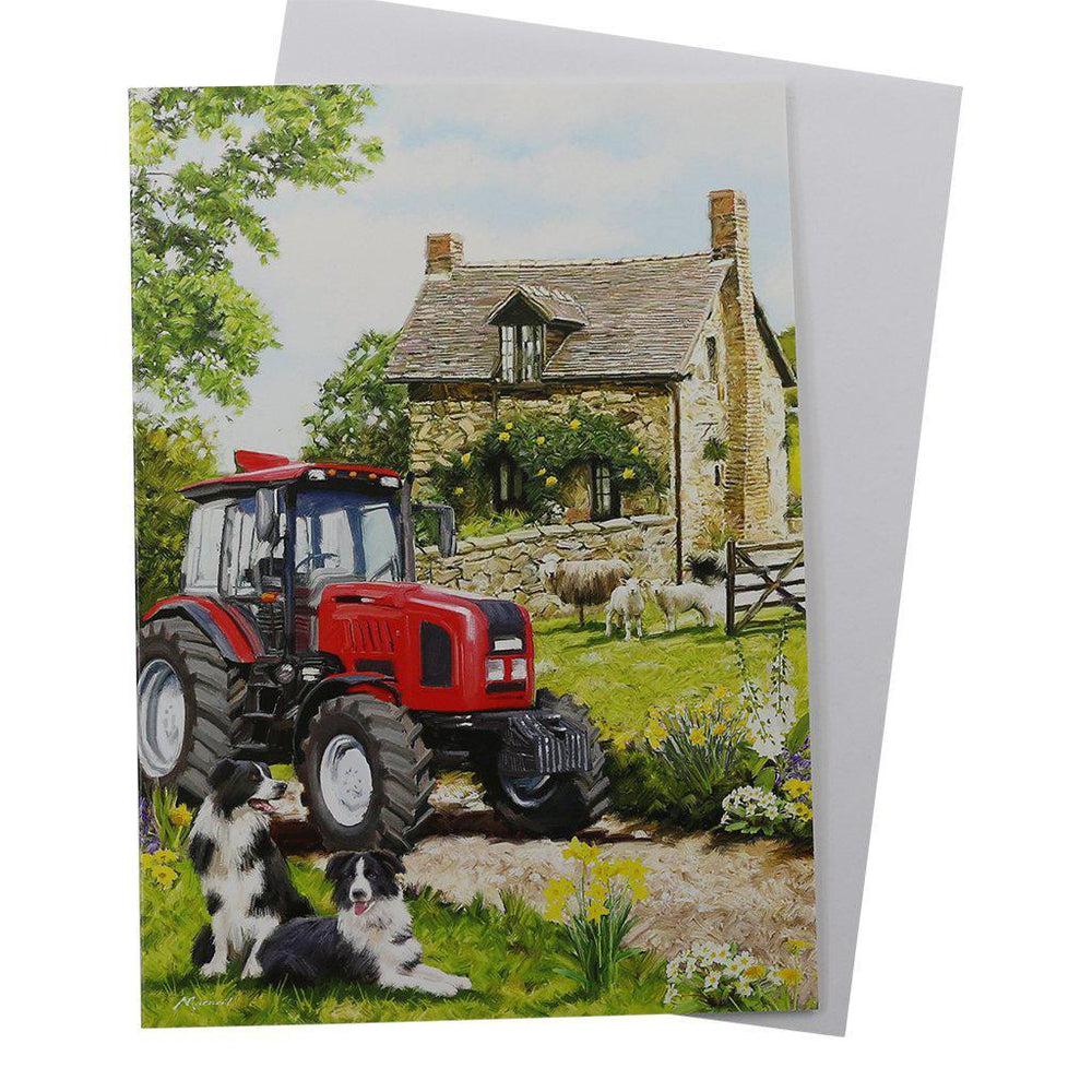 Red Farm Tractor &amp; Sheepdog Birthday Greetings Card