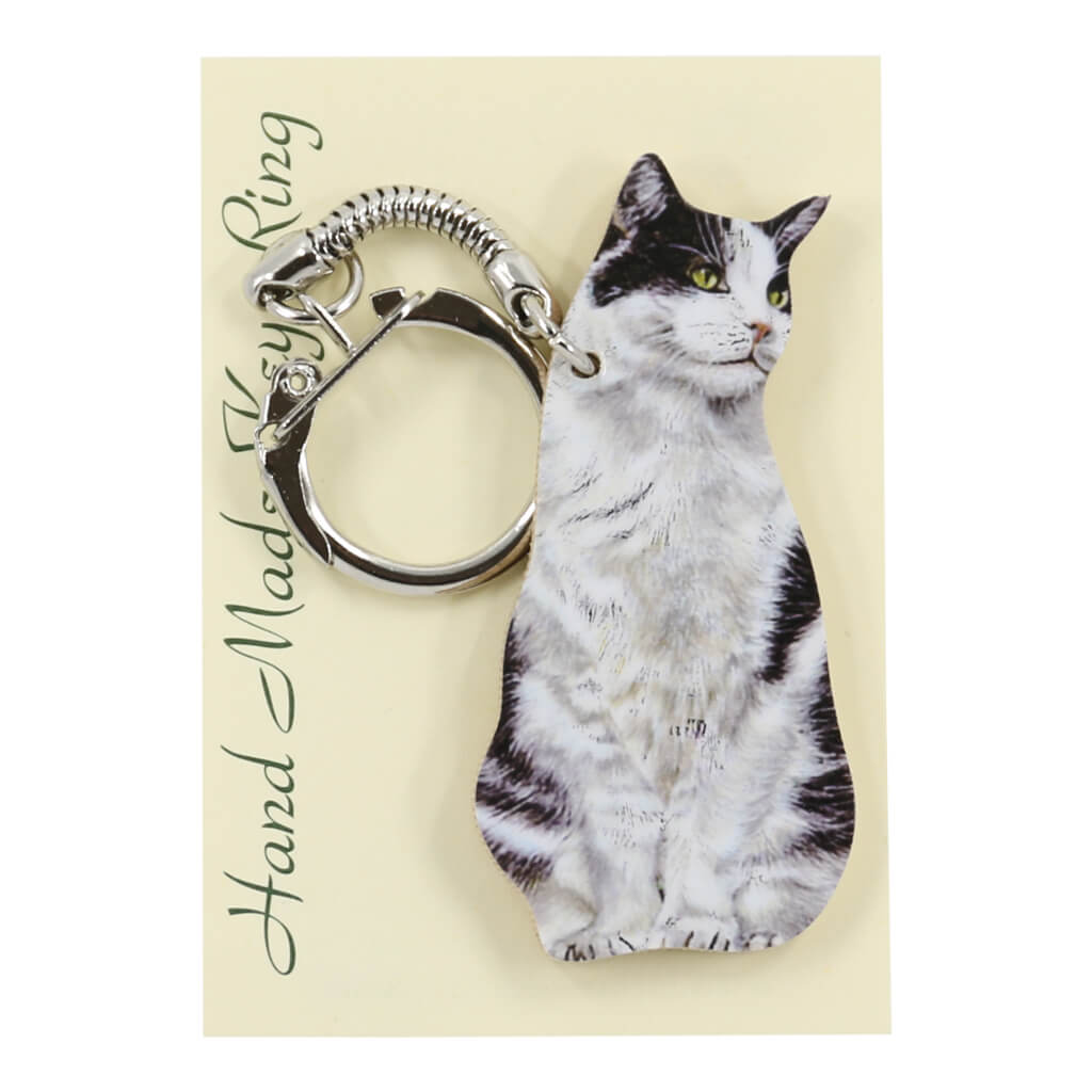 Black and White Cat Handmade Wooden Keyring