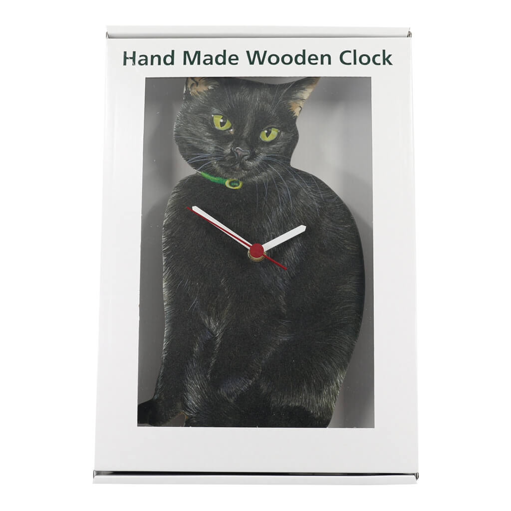 Black Cat Handmade Wooden Wall Clock in Presentation Gift Box