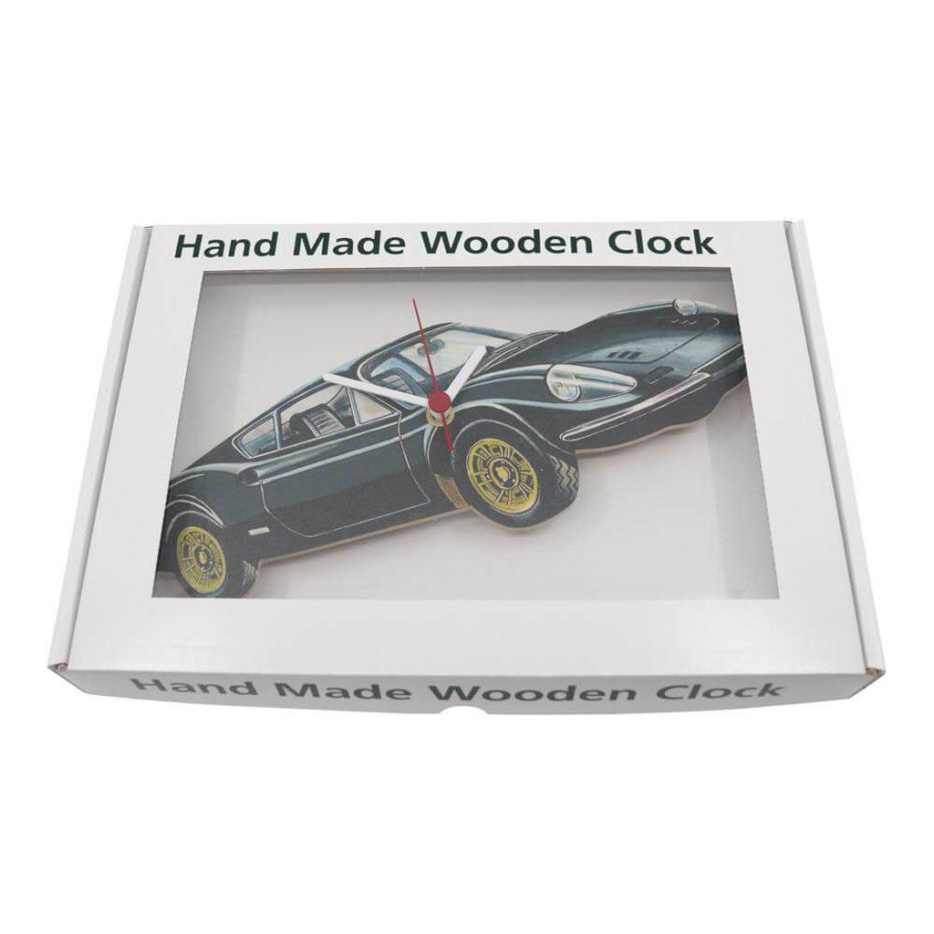 Black Ferrari Dino Handmade Wooden Wall Clock in Clear Fronted Gift Presentation Box