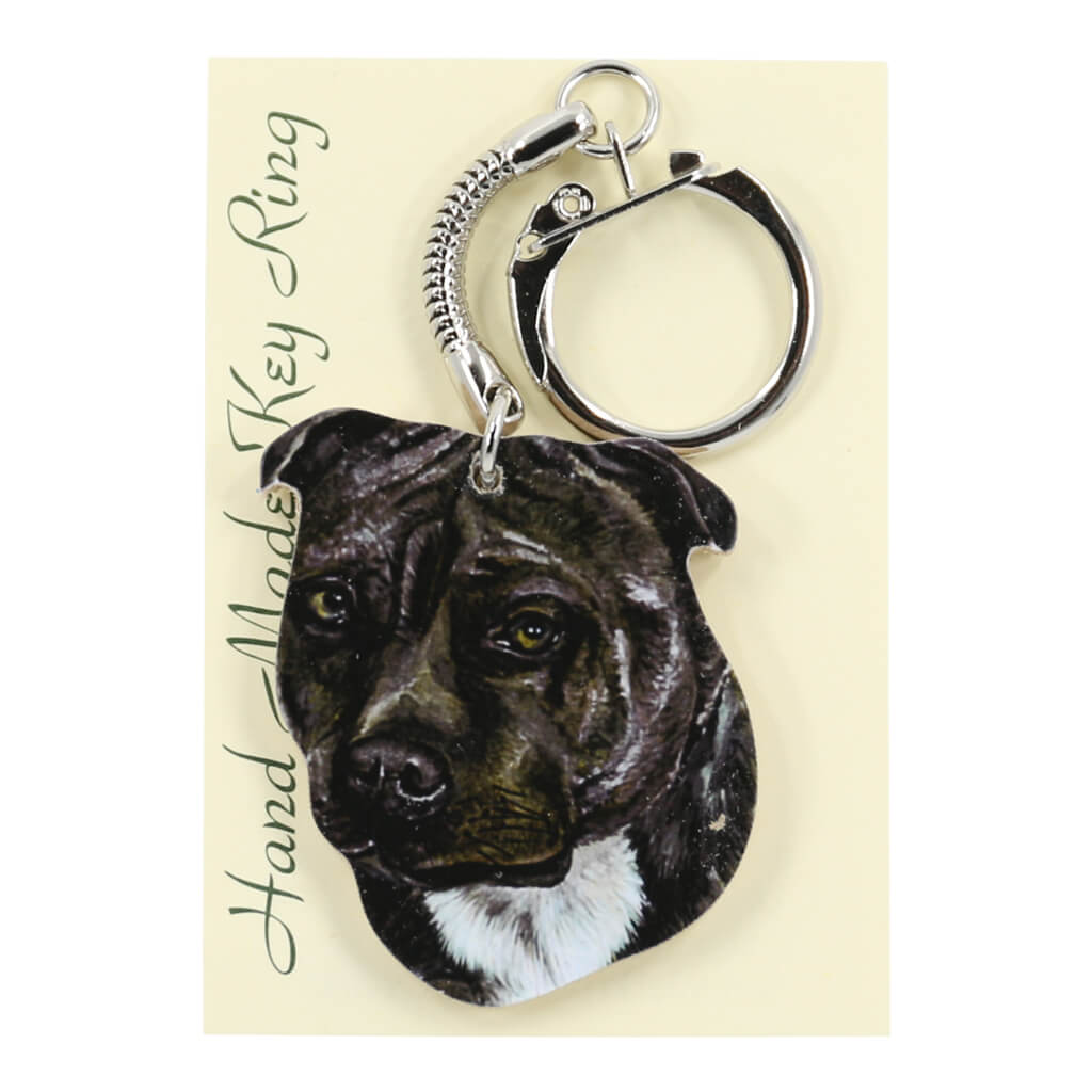 Black Staffordshire Bull Terrier Staffy Dog Handmade Wooden Keyring