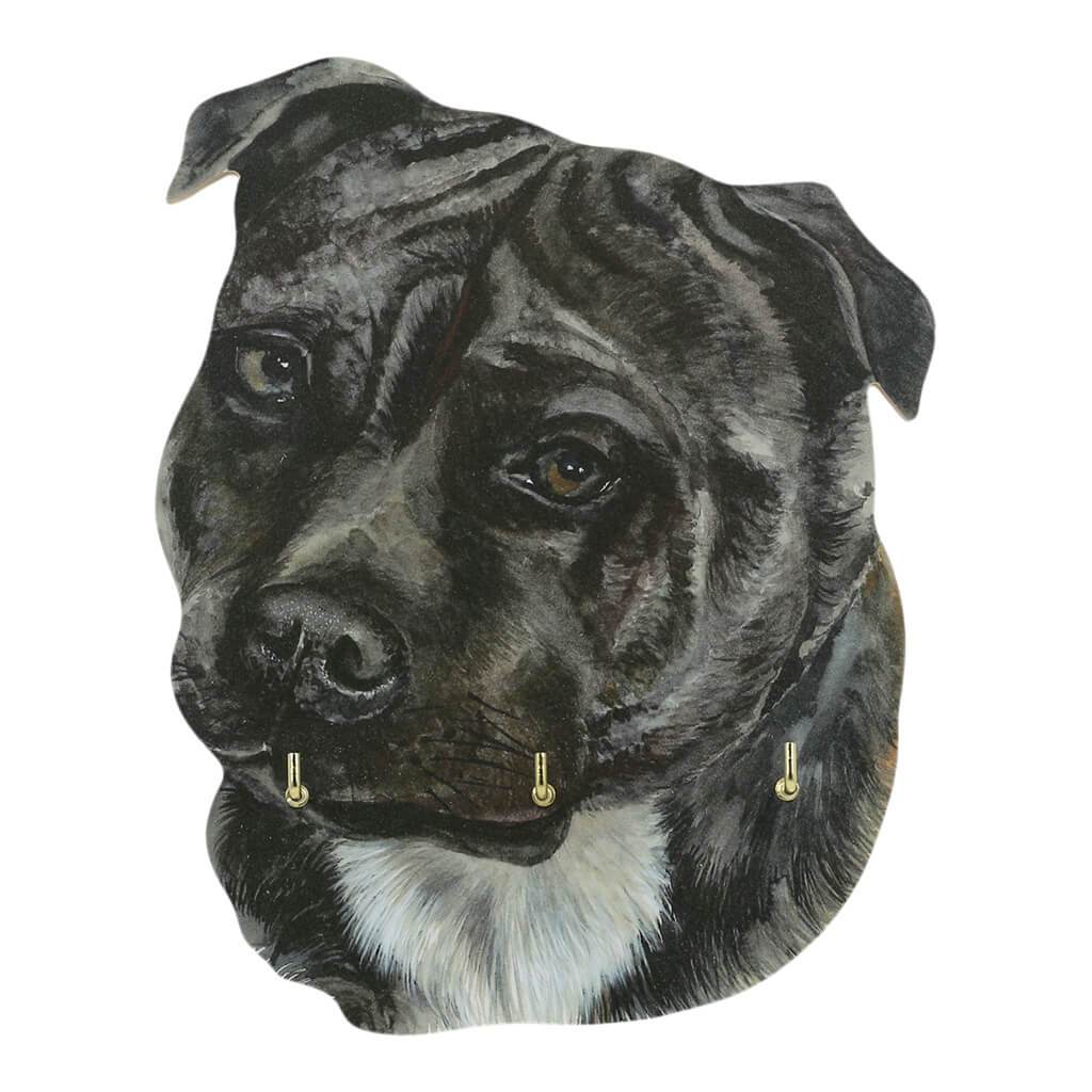 Black Staffordshire Bull Terrier Staffy Dog Handmade Wooden Key Rack