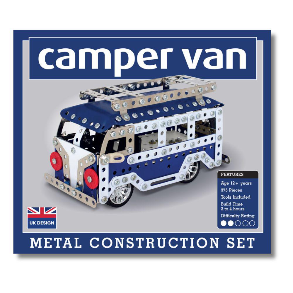 Front of the box of the Blue Camper Van Metal Mechanical Model Construction Kit Set