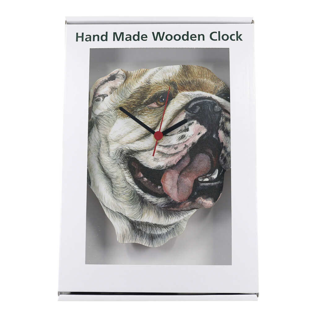 Bulldog Handmade Wooden Wall Clock in Gift Box Packaging