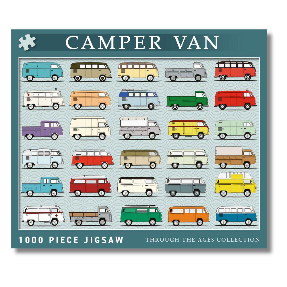Front of box for Camper Van Through The Ages 1000 Piece Jigsaw Puzzle UK Made