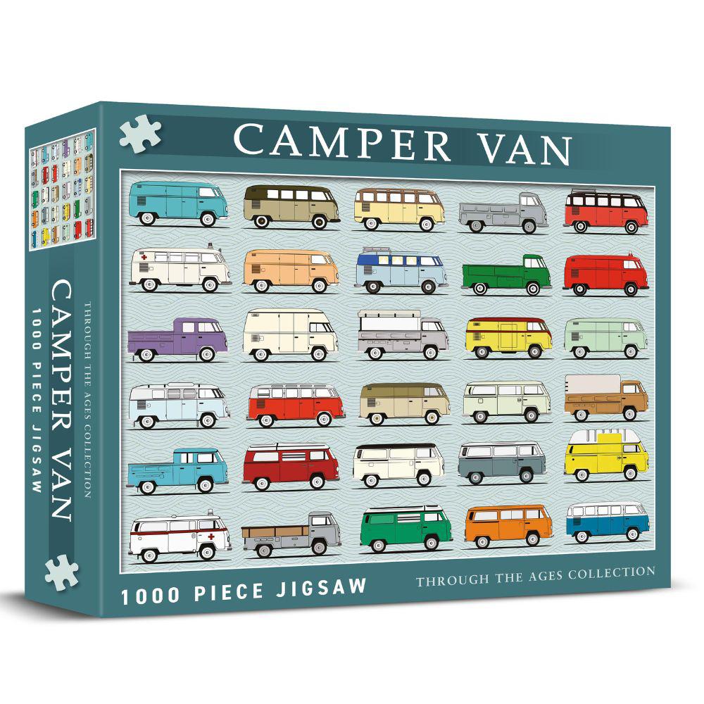 3D image of box for Camper Van Through The Ages 1000 Piece Jigsaw Puzzle UK Made