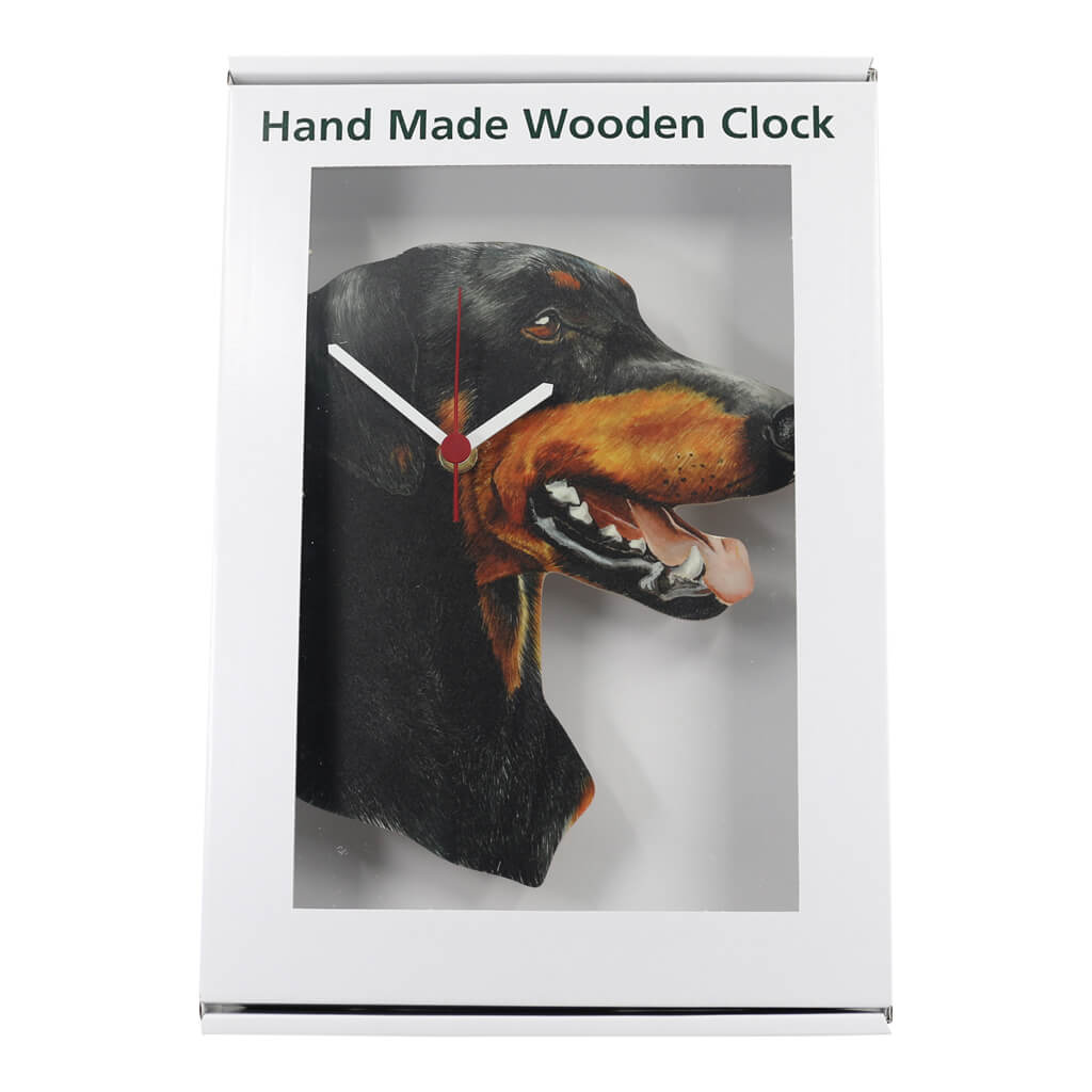 Doberman Dog Handmade Wooden Wall Clock in gift box packaging