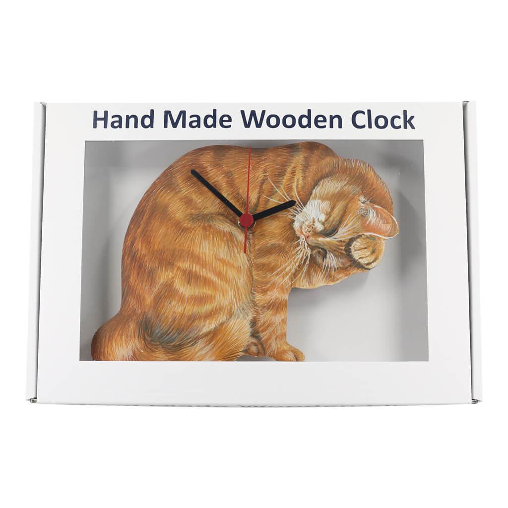 Ginger Tom Cat Handmade Wooden Clock in Gift Presentation Box