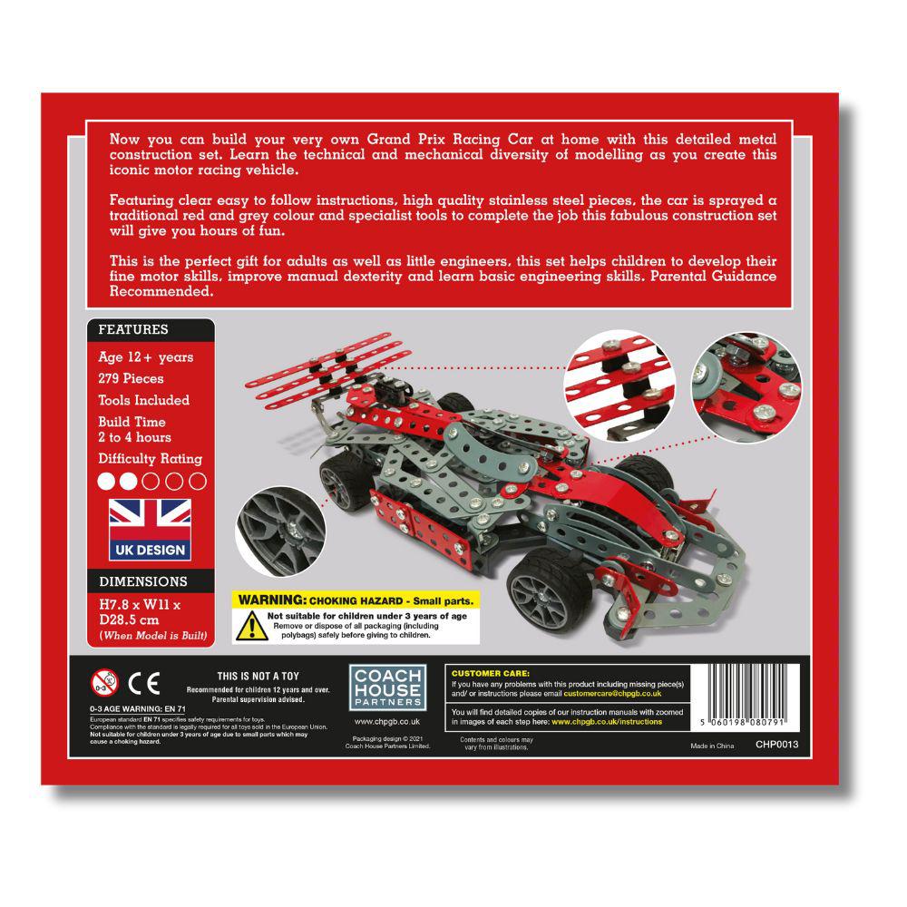 Back of the box of the gift Grand Prix Racing Car Metal Mechanical Model Construction Kit Set