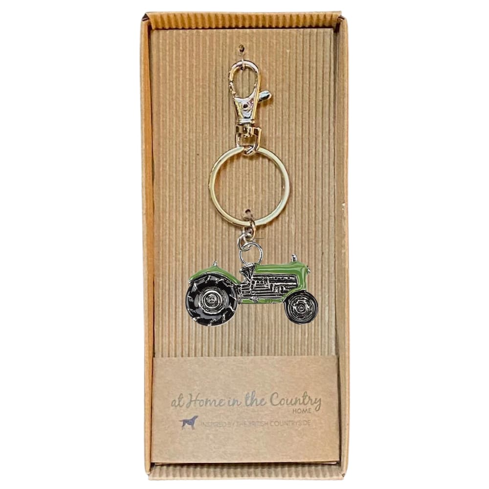 Green Tractor Metal Hand Enamelled Keyring in gift box packaging