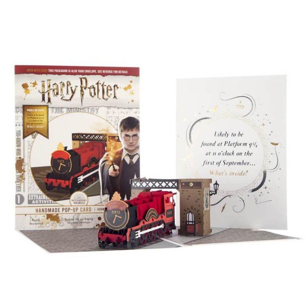 Harry Potter Hogwarts Express Steam Train 3D Pop Up Birthday Greetings Card showing card cover the inside and outer packaging