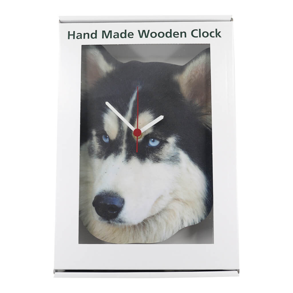 Husky Dog Handmade Wooden Wall Clock in gift box packaging