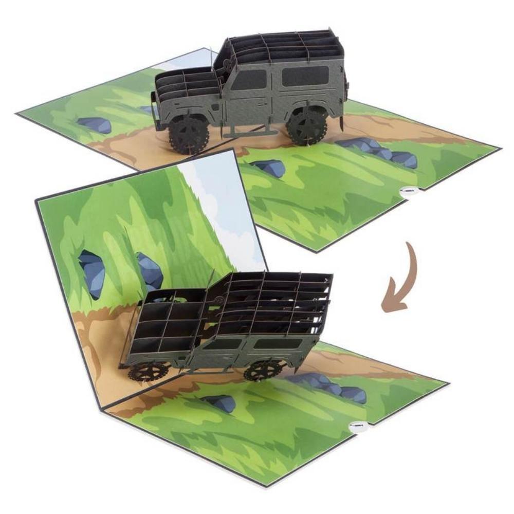 Land Rover Defender 3D Pop Up Birthday Fathers Day Christmas Greetings Card opening action