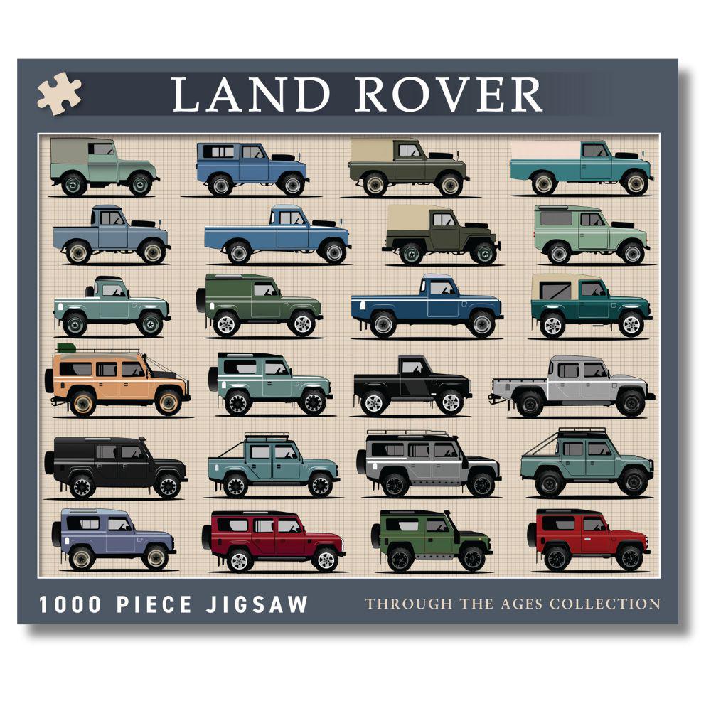 Front of box from Land Rover Through The Ages 1000 Piece Jigsaw Puzzle UK Made